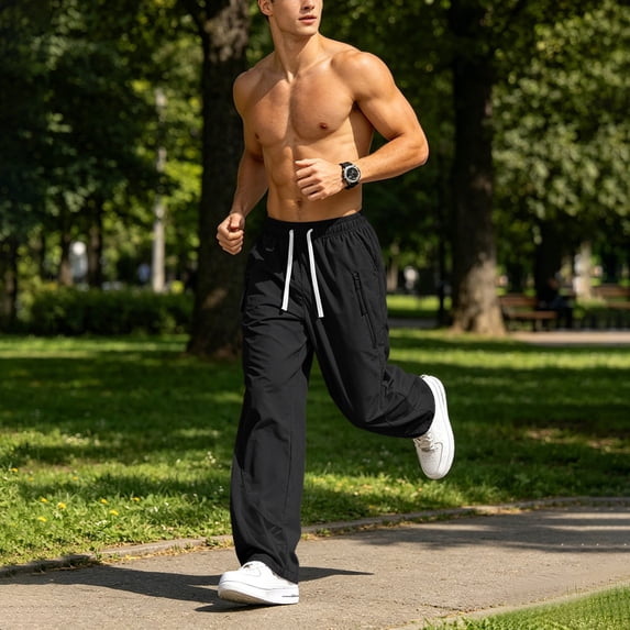 Aimik Men's Straight Casual Pants Dual Side Pockets Drawstring Relaxed Trousers Lightweight Soft Bottoms for Everyday Use