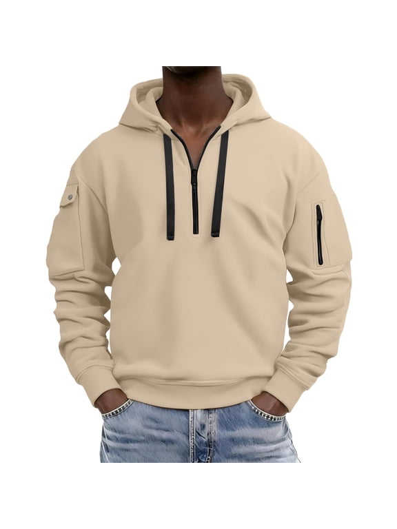 Men's Tactical Half Zip Hoodie with Sleeve Pocket Utility Cargo Pullover Hooded Sweatshirt Outdoor Camping Activewear Top