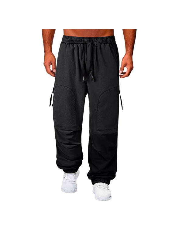 Men's Techwear Cargo Pants Stitching Panel Side Zip Pockets Relaxed Jogger Trousers Lightweight Outdoor Hiking Bottoms