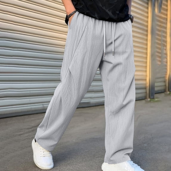 Aimik Men's Textured Straight Pants Pleated Loose Fit Drawstring Trousers Lightweight Soft Streetwear Bottoms for Daily Commute