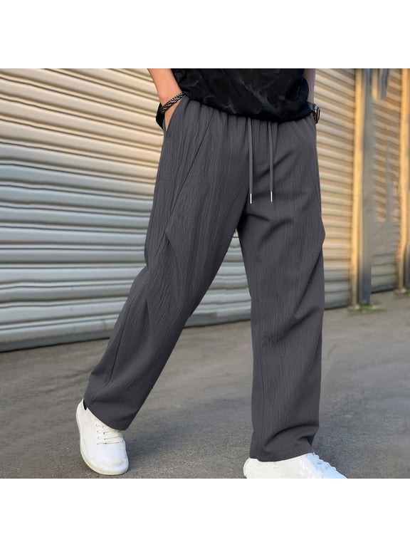 Men's Textured Straight Pants Pleated Loose Fit Drawstring Trousers Lightweight Soft Streetwear Bottoms for Daily Commute