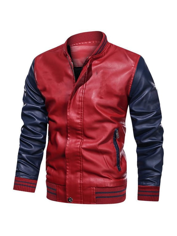 Men's Two-Tone Varsity Bomber Jacket with Ribbed Trim Faux Leather Sleeves and Button Front for Casual Sporty Streetwear