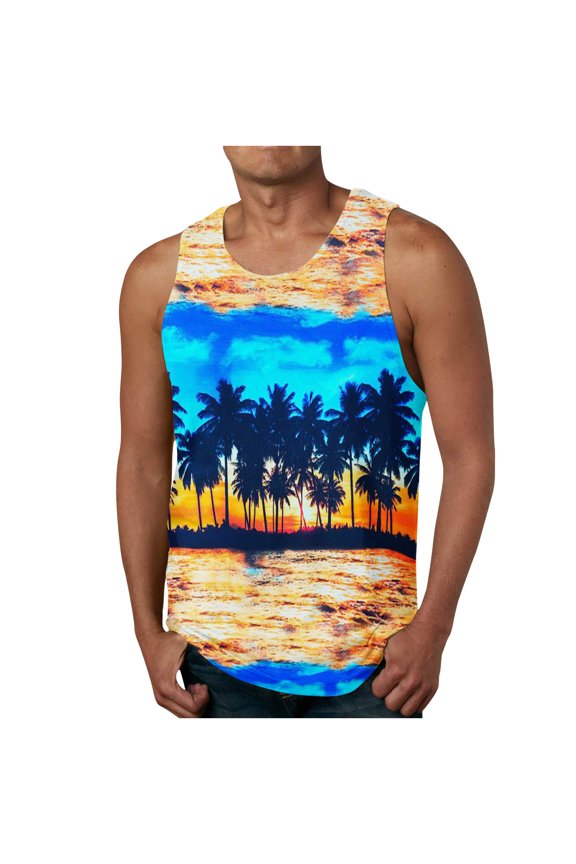 Mens Hawaiian 3D Non Positioning Printed Tank Top Casual Sports Sleeveless Cotton Vest Blouses