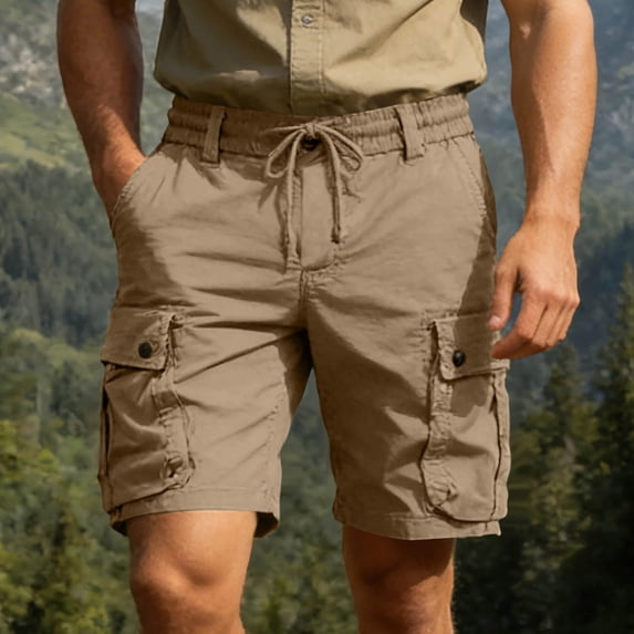 Aimik Mens Outdoor Cargo Shorts Flap Pockets Drawstring Waist Mens Travel Shorts Summer Breathable Loose Shorts for Hiking Camping