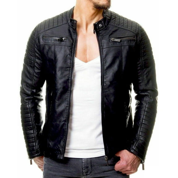 Aimik Mens Warm Winter Zipper Cardigan Design Pu Leather Collar Zipper Cardigan Jackets