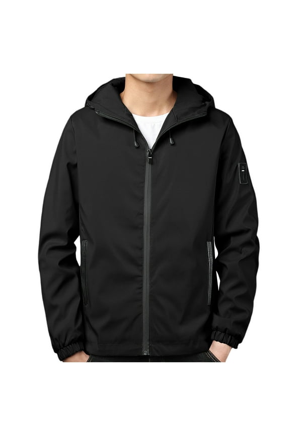 Hanes Mens Waterproof Lightweight Rain Jacket Breathable Active Outdoor Hooded Raincoat Casual Trendy Jackets Work Jacket-Black L