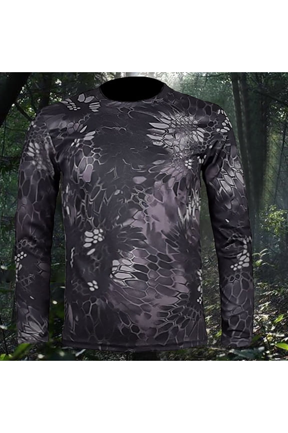 Mens Winter Tops Lightweight Breathable Snug Camouflage Quick Drying Long Sleeved Round Neck Blouses