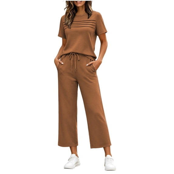 Aimik Outfits Sweatsuits Women Striped Detail Tee and Drawstring Capri Pants Set with Pockets Summer Casual Womens Striped Set
