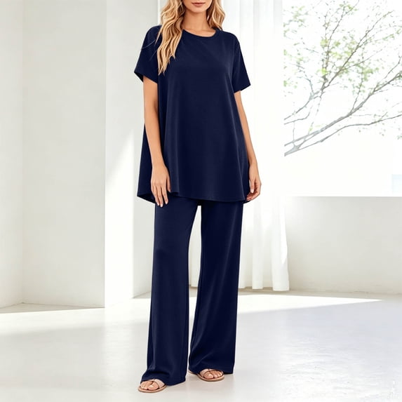 Aimik Pajama Sets for Women 2 Piece Loungewear Set Short Sleeve Crew Neck Tops and Elastic Waist Wide Leg Pants Ladies Pj Sets,Blue,Free Size