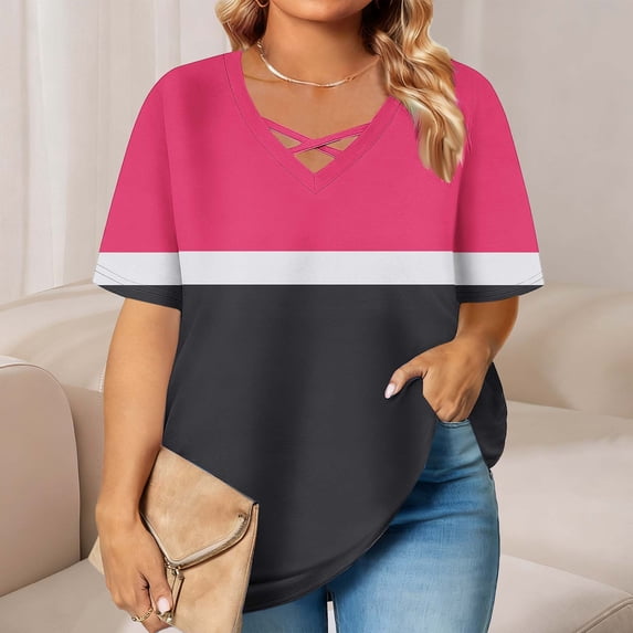 Aimik Plus Size Casual Top for Women Summer Printed Short Sleeve Crisscross V Neck Curved Hem Tops Loose Comfort Blouse