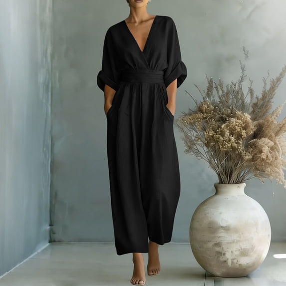 Aimik Plus Size Jumpsuits for Women Casual Loong Sleeve V Neck Wide Leg Tunic Jumpsuits Summer Fashion Comfortable Womens One Piece Overalls