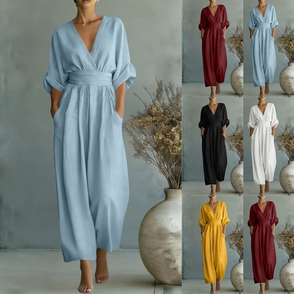 Aimik Plus Size Jumpsuits for Women Casual Loong Sleeve V Neck Wide Leg Tunic Jumpsuits Summer Fashion Comfortable Womens One Piece Overalls