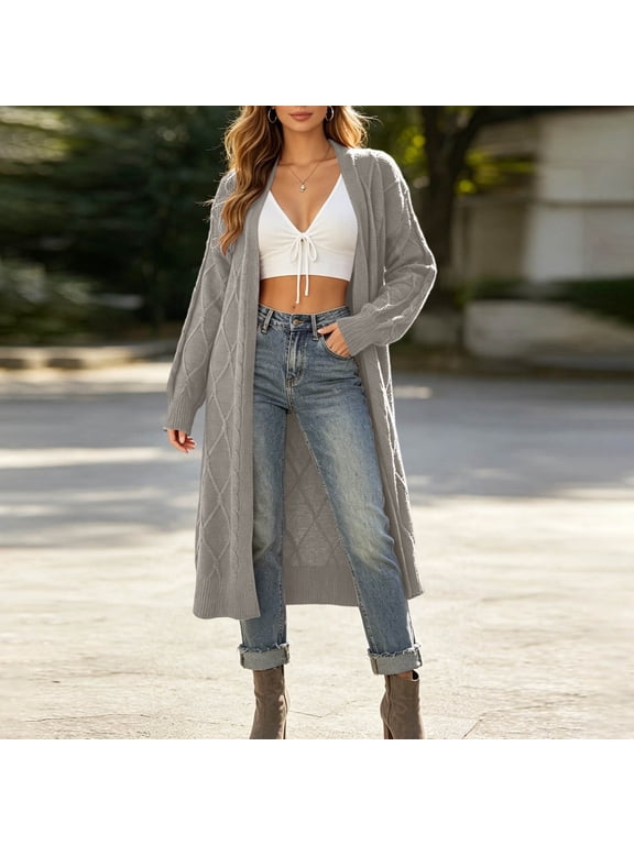 Plus Size Long Knit Cardigan for Women Open Front Duster Sweater Coat Loose Fit Sweater Coat for Fall Winter,Gray,L