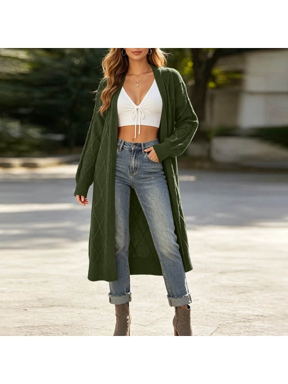 Plus Size Long Knit Cardigan for Women Open Front Duster Sweater Coat Loose Fit Sweater Coat for Fall Winter,Green,XXXL