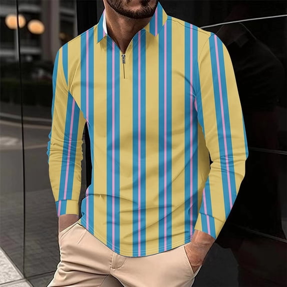 Aimik Plus Size Polo Shirts for Men Long Sleeve Quarter Zip Lapel Striped Casual Shirts Spring Fall Lightweight Quick Dry Soft Golf Tee,Yellow,XXL