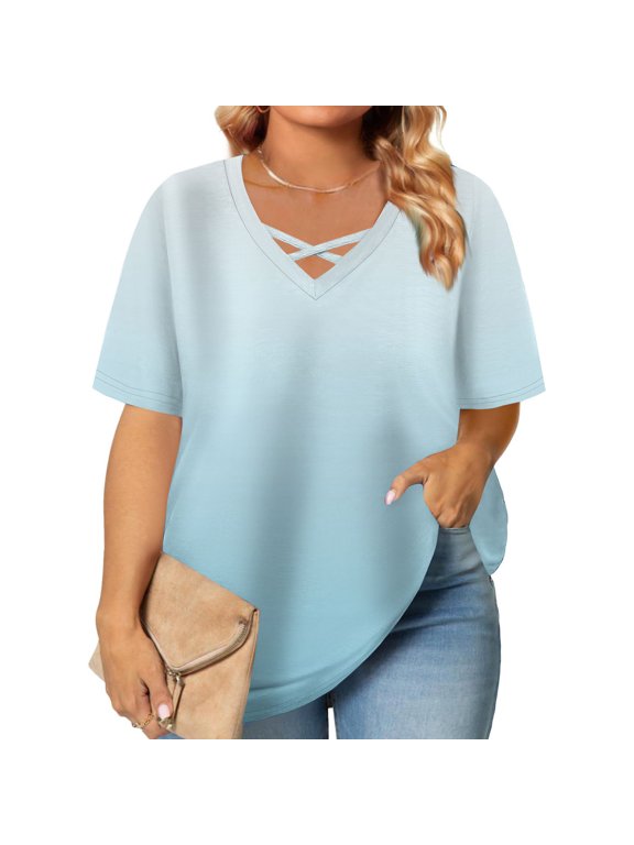 Plus Size Top for Women Summer Gradient Print Crisscross V Neck Short Sleeve Daily Soft Blouses Loose Fit Casual Tops