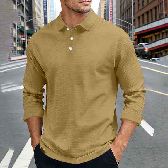Aimik Polo Shirts for Men Long Sleeve Button Turndown Collar Casual Solid Shirts Fall Winter Soft Basic Tops for Men,Brown,XL