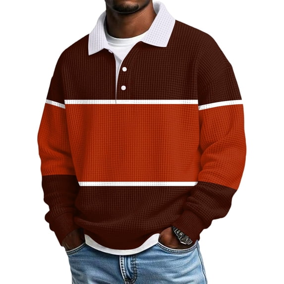 Aimik Polo Shirts for Men Long Sleeve Color Block Collar Button Down Casual Striped Shirts Fall Winter Classic Soft Lapel Tee,Orange,XXL