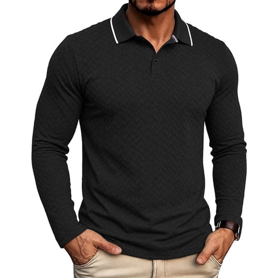 Aimik Polo Shirts for Men Long Sleeve Diamond Textured Contrast Trim Solid Button Down Shirts Fall Winter Stylish Soft Collared Tee,Black,XXXL