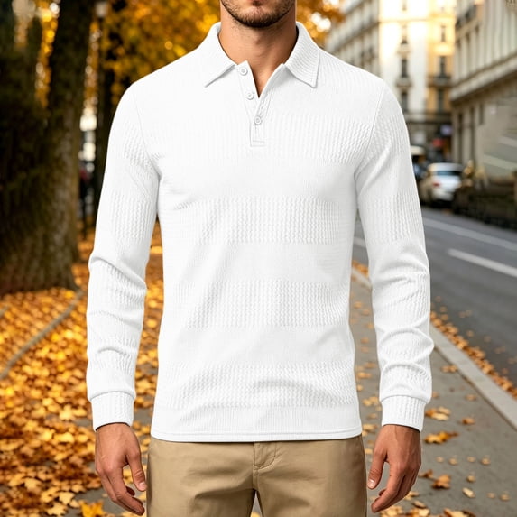 Aimik Polo Shirts for Men Long Sleeve Ribbed Texture Button Down Solid Casual Shirts Fall Winter Soft Stretch Collared Tops,White,XXXL