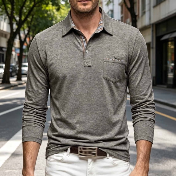 Aimik Polo Shirts for Men Long Sleeve Textured Button Down Pocket Casual Solid Shirts Fall Winter Moisture Wicking Lightweight Golf Tops,Brown,L