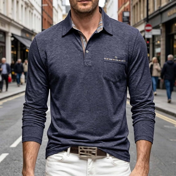 Aimik Polo Shirts for Men Long Sleeve Textured Button Down Pocket Casual Solid Shirts Fall Winter Moisture Wicking Lightweight Golf Tops,Blue,XL