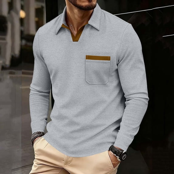 Aimik Polo Shirts for Men Long Sleeve V-Neck Contrast Trim Casual Solid Shirts Spring Autumn Stylish Collared Golf Tee Tops,Gray,XXXL