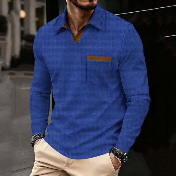 Aimik Polo Shirts for Men Long Sleeve V-Neck Contrast Trim Casual Solid Shirts Spring Autumn Stylish Collared Golf Tee Tops,Blue,L