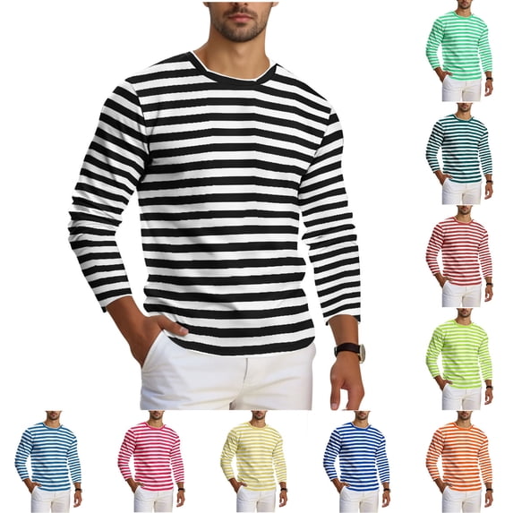 Aimik Striped Long Sleeve Top for Men Classic Crew Neck Casua T-Shirt Top Fashion Horizontal Stripes Fashion Shirt for Spring Fall