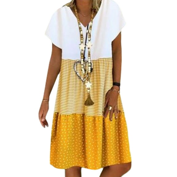 Aimik Summer Casual Loose Stripe Dot Mini V-Neck Short Sleeves Dress (Women's Plus Size), Size XXL