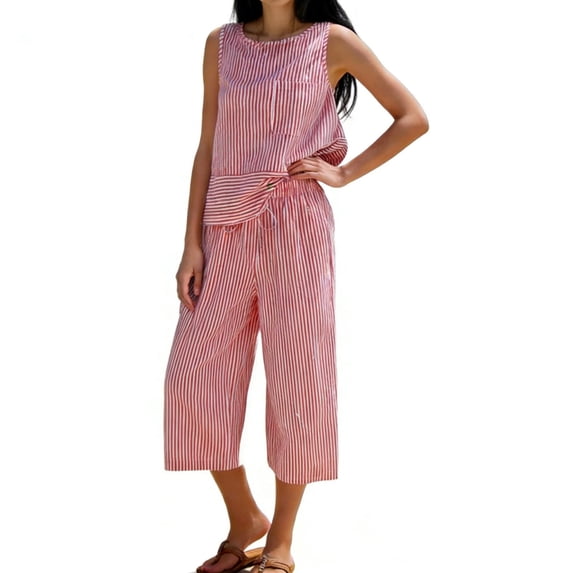 Aimik Summer Plain 2 Piece Sets Women Crew Neck Sleeveless Striped Printed Loose-Fit Tank Tops and Wide-Leg Cropped Pants Set