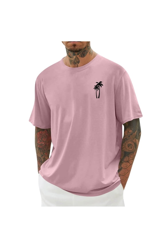 T-Shirt Coconut Tree Pattern T-Shirt Men's Casual Style Summer Autumn Micro Stretch Round Neck T-Shirt, Simple Atmosphere-Pink XXXXL