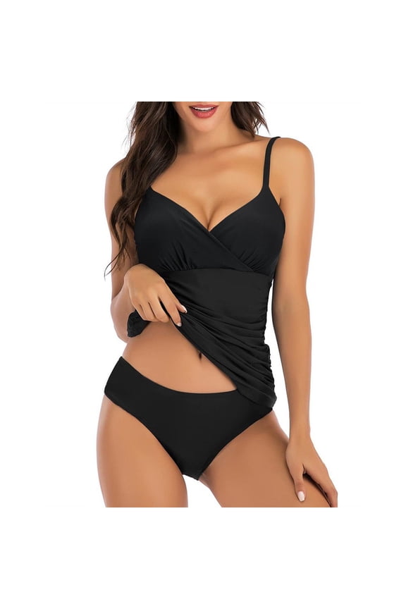 Tankini Swimsuits for Women Black Wrap Front Ruched Swimsuit with Full Coverage Briefs Tummy Control