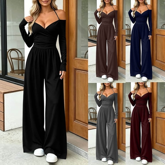 Aimik Trendy Off Shoulder Jumpsuits for Women Long Sleeve Backless Ruched Wide Leg Jumpsuits Summer Fall Fashion Womens Jumpsuit