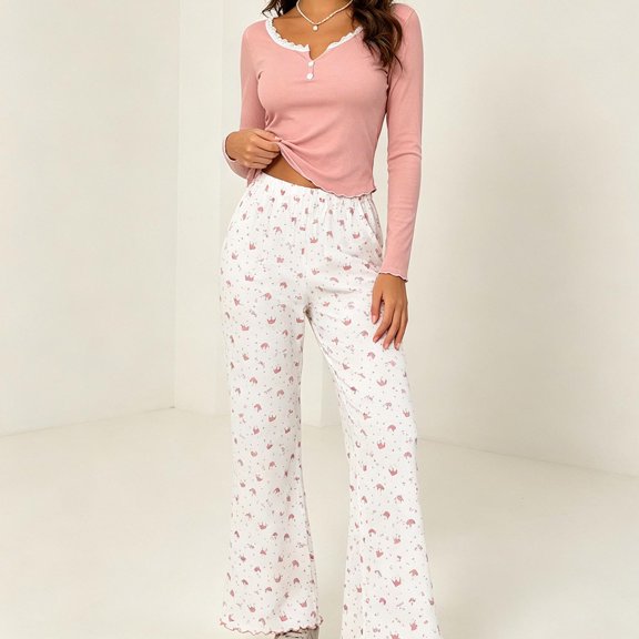 Aimik Trendy Pajama Sets for Women Long Sleeve V-Neck Tunic Tops and Long Pant 2 Piece Casual Loungewear Set,Pink,M