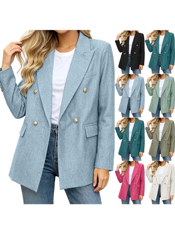 Tweed Blazers for Women Long Sleeve Double Breasted Blazer Notched Lapel Suit Jacket with Pockets,Light Blue,S