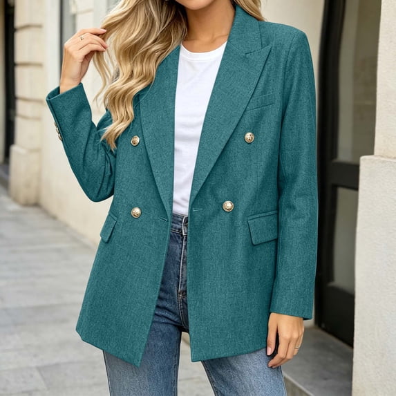 Aimik Tweed Blazers for Women Long Sleeve Double Breasted Blazer Notched Lapel Suit Jacket with Pockets,Mint Green,L