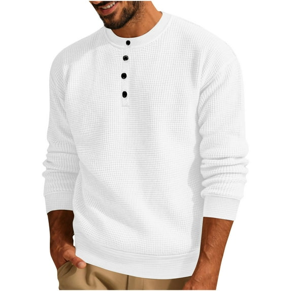 Aimik Up to 65% off Clearance Men's Waffle Henley Long Sleeve Shirts Casual Basic Button T-Shirt Classic Fall Winter Tops-White M