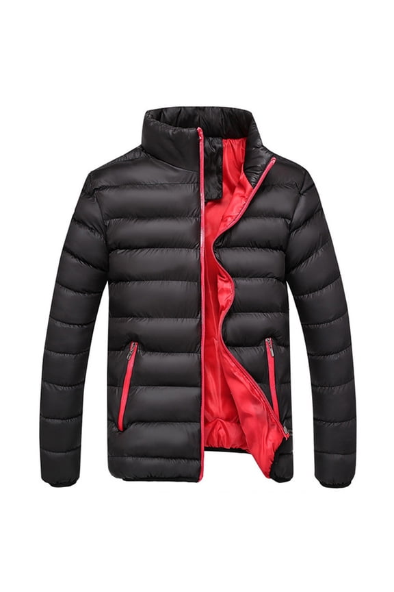 Winter Puffer Jacket for Men Full Zip Warm Lightweight Packable Padded Coat Casual Thicken Stand Collar Quilted Down Jackets-Black M