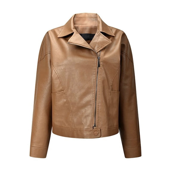 Aimik Women Faux Leather Jacket Trendy Moto Biker Coat with Lapel Classic Cropped Outerwear for Fall Winter Daily Wear