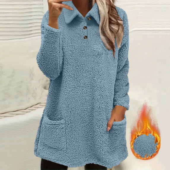Aimik Women Fuzzy Fleece Pullover Sherpa Lined Tunic Winter Warm Fluffy Outerwear Sweatshirt with Pockets and Buttons for Cold Days