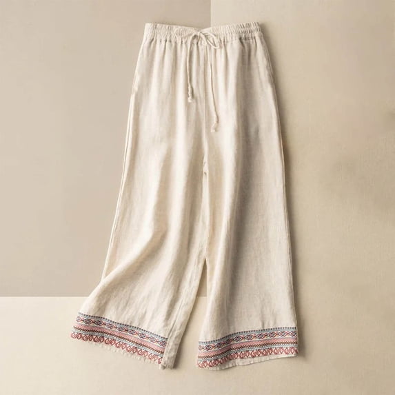 Aimik Women Solid Color Embroidery Art Style Plus Size Long Pants Summer Fashion Flowing Double Layer Thin Wide Leg Pants
