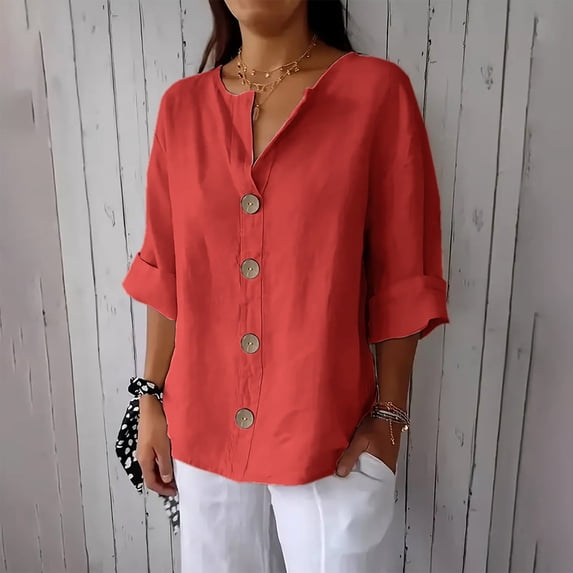 Aimik Women Split V Neck Single Button Linen Shirt Summer 3/4 Roll Sleeve Relaxed Fit Oversized Daily Office Blouse Loose Soft Top