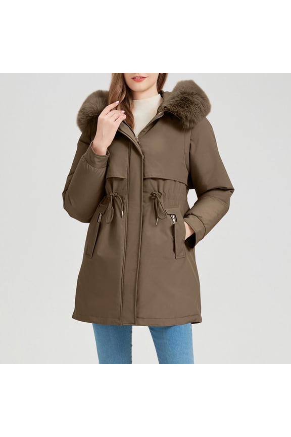 Women Warm Parka Coat with Faux Fur Hooded Long Puffer Jacket Drawstring Waist Winter Windproof Outerwear