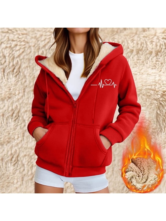 Women Winter Fleece Zip Up Hoodie with Heart Graphic Sherpa Lined Sweatshirt Warm Casual Coat Outdoor Jacket for Cold Weather