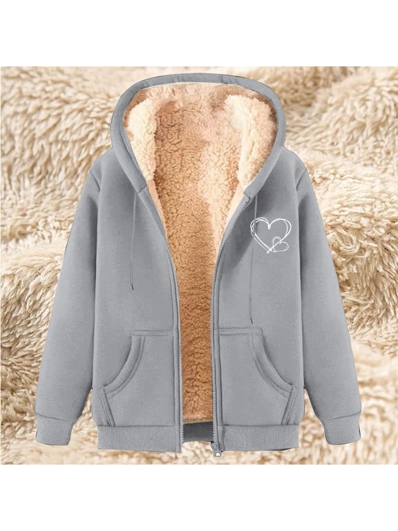 Women Winter Fleece Zip Up Hoodie with Heart Graphic Sherpa Lined Sweatshirt Warm Casual Coat Outdoor Jacket for Cold Weather