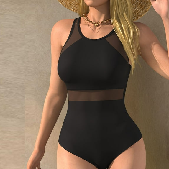 Aimik Women's Black Padded Underwire-Free Tummy-Control Slimming Backless One-Piece Mesh Swimsuit