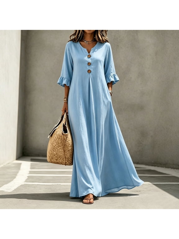 Women's Button Front Ruffle Sleeve Maxi Dress V-Neck Loose Casual Flowy Long Shirt Dress Summer Dresses for Women