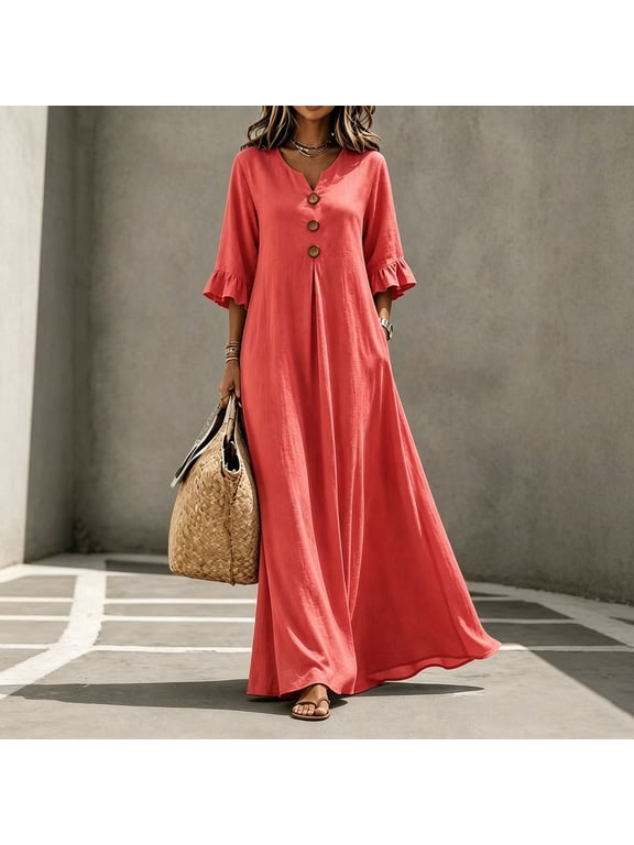 Women's Button Front Ruffle Sleeve Maxi Dress V-Neck Loose Casual Flowy Long Shirt Dress Summer Dresses for Women