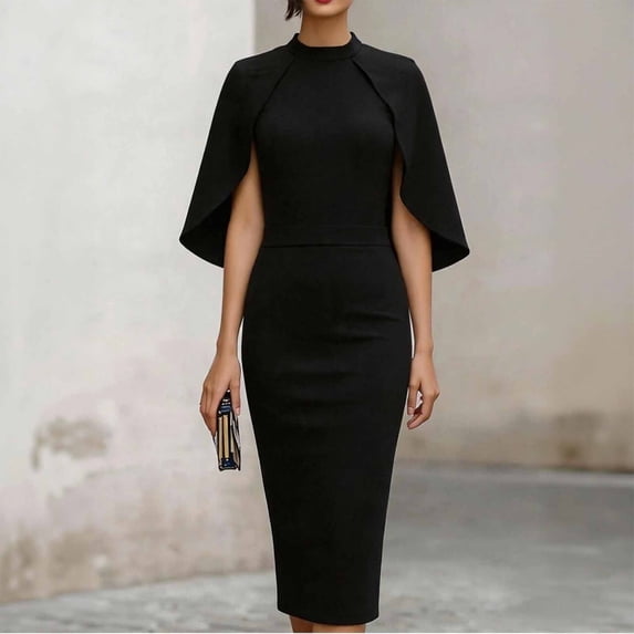 Aimik Women's Cape Sleeve Mock Neck Midi Dress Bodycon Formal Evening Party Workwear Dress Summer Dresses for Women